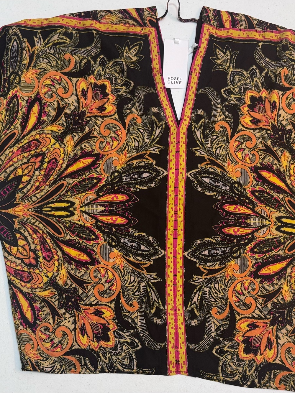 Rose + Olive Women’s S Boho Floral Paisley Kimono Blouse Black Orange
